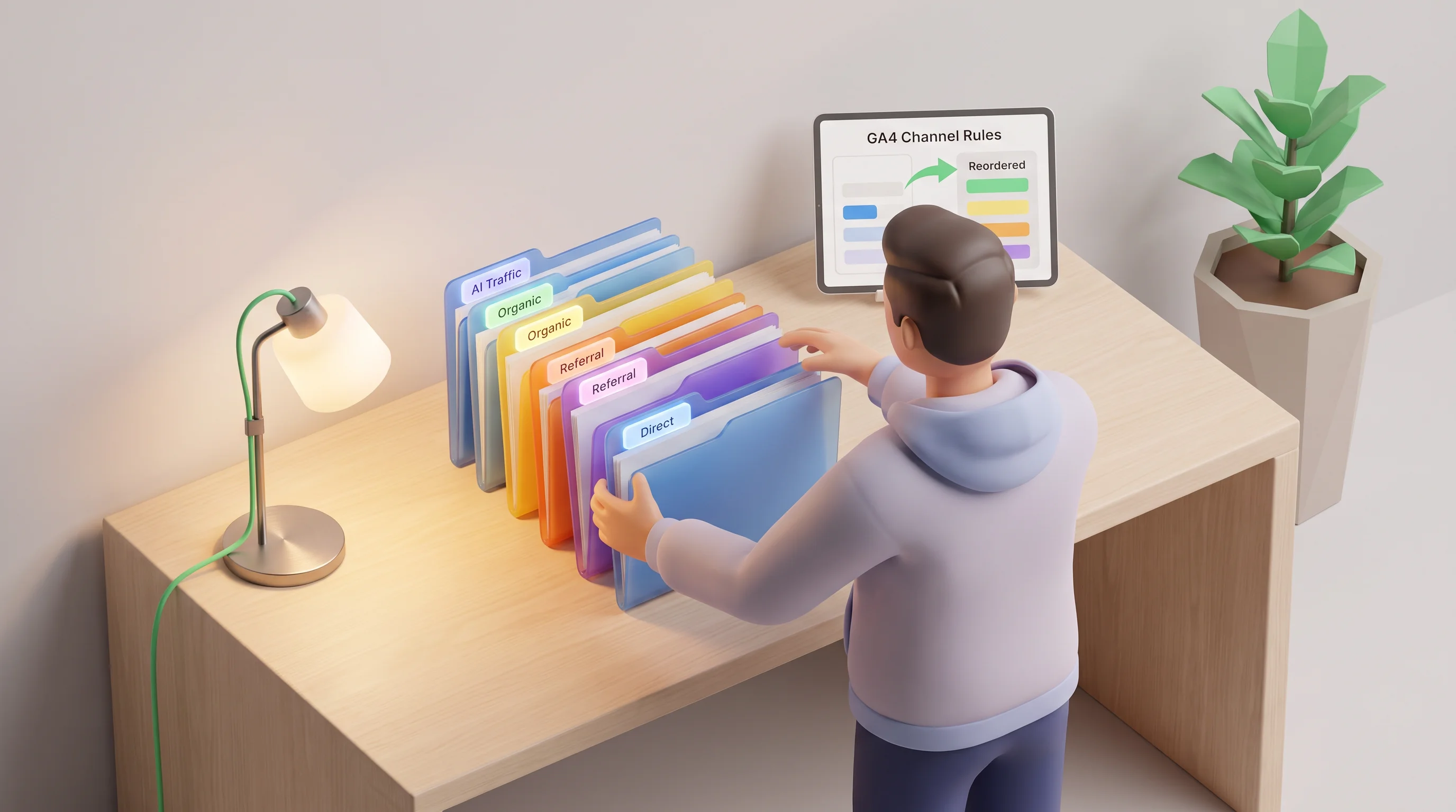 A person reorders file folders, visually representing how to track AI referral traffic in GA4.