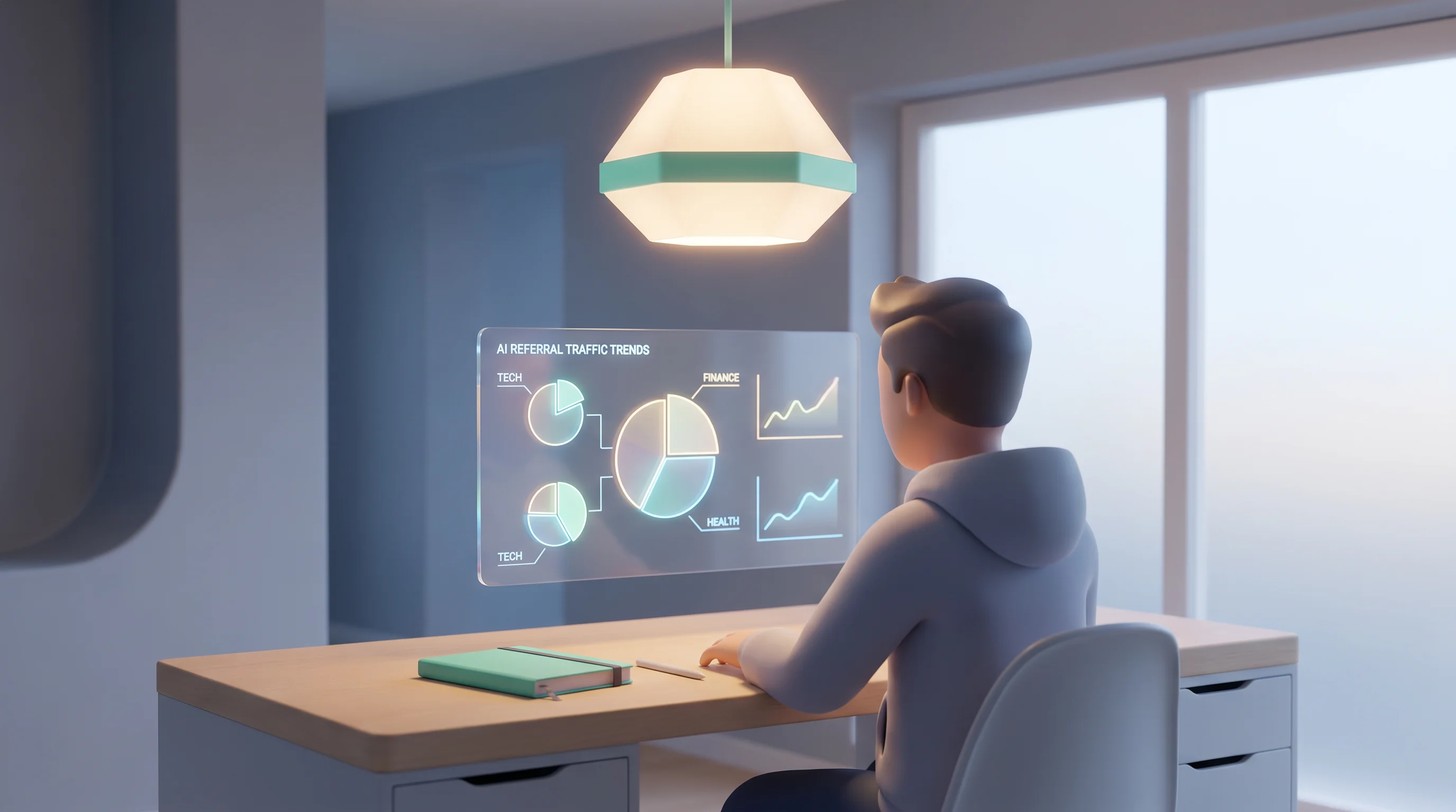 Holographic projection illustrates AI referral traffic by industry, showing varied growth and shares.