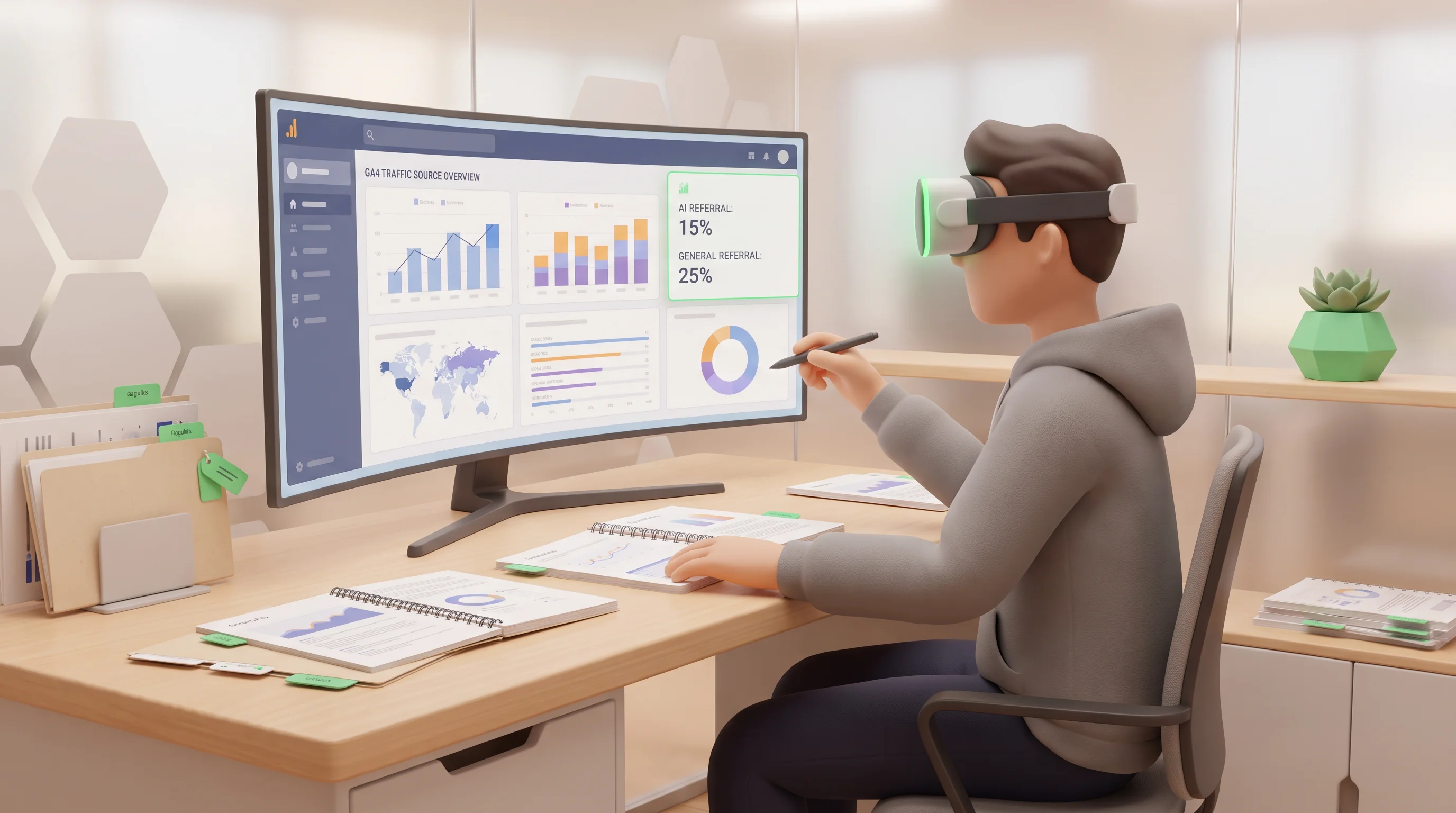 Person isolating AI referral traffic data in a GA4 report on a computer screen.