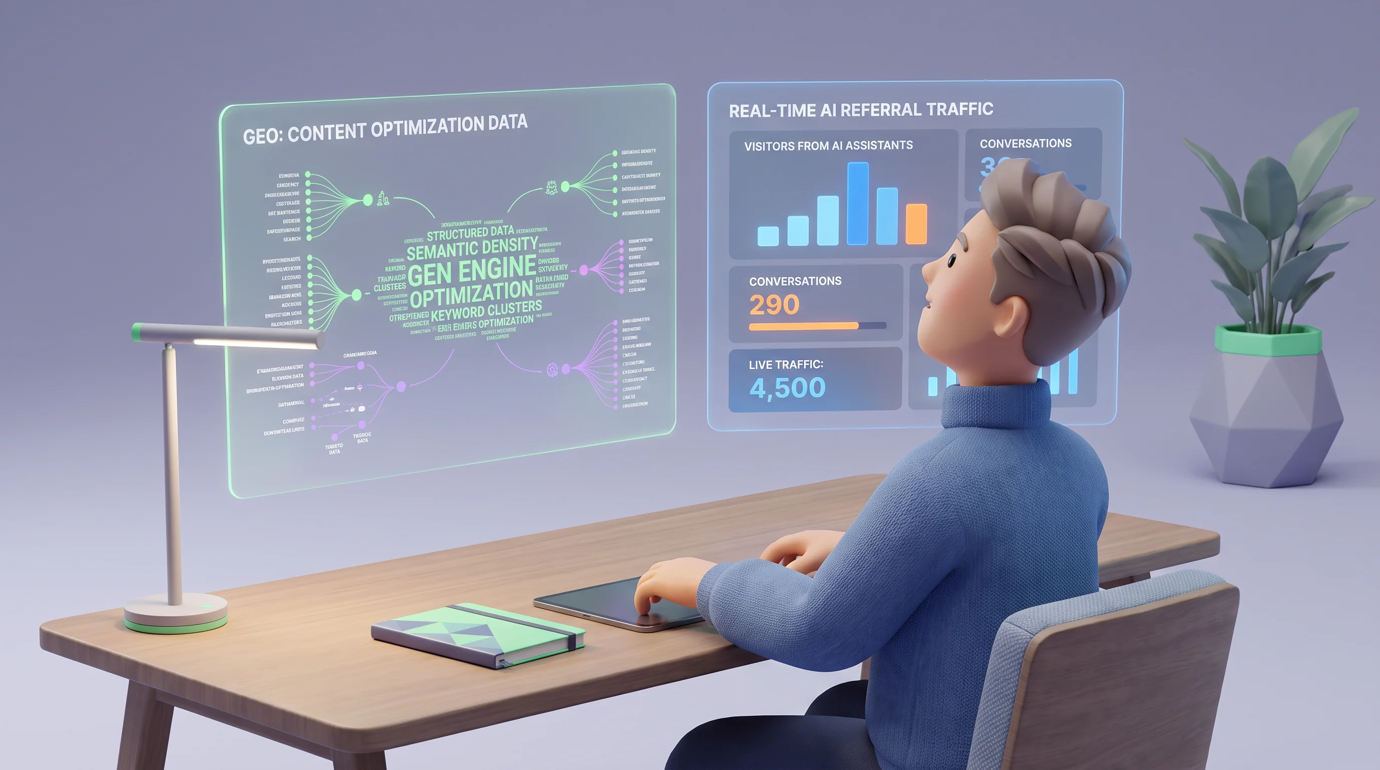 A user compares holographic data streams visualizing AI referral traffic and GEO content optimization.