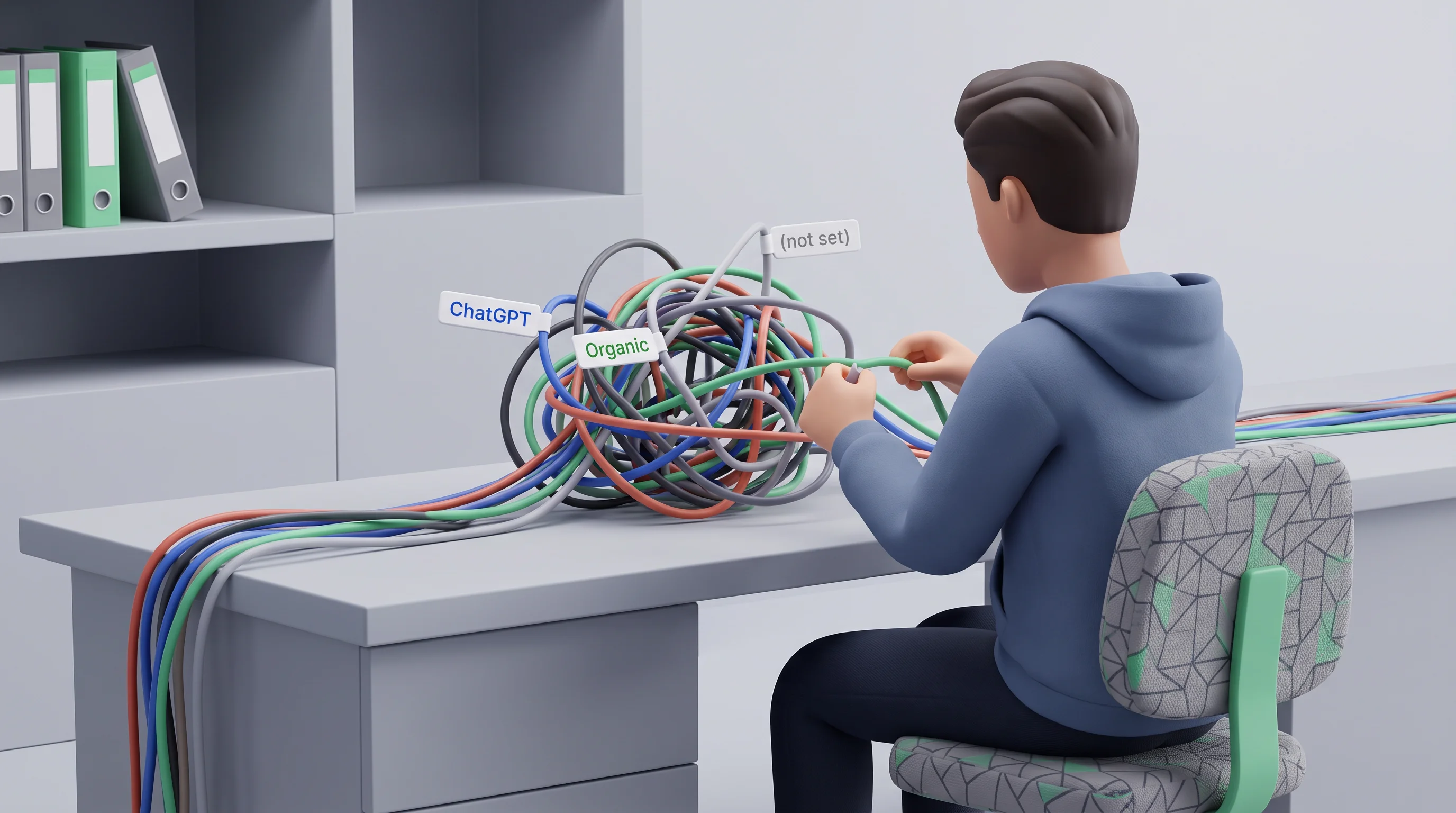 A user untangling data cables to identify ChatGPT referral source in Google Analytics for PerkFuel.