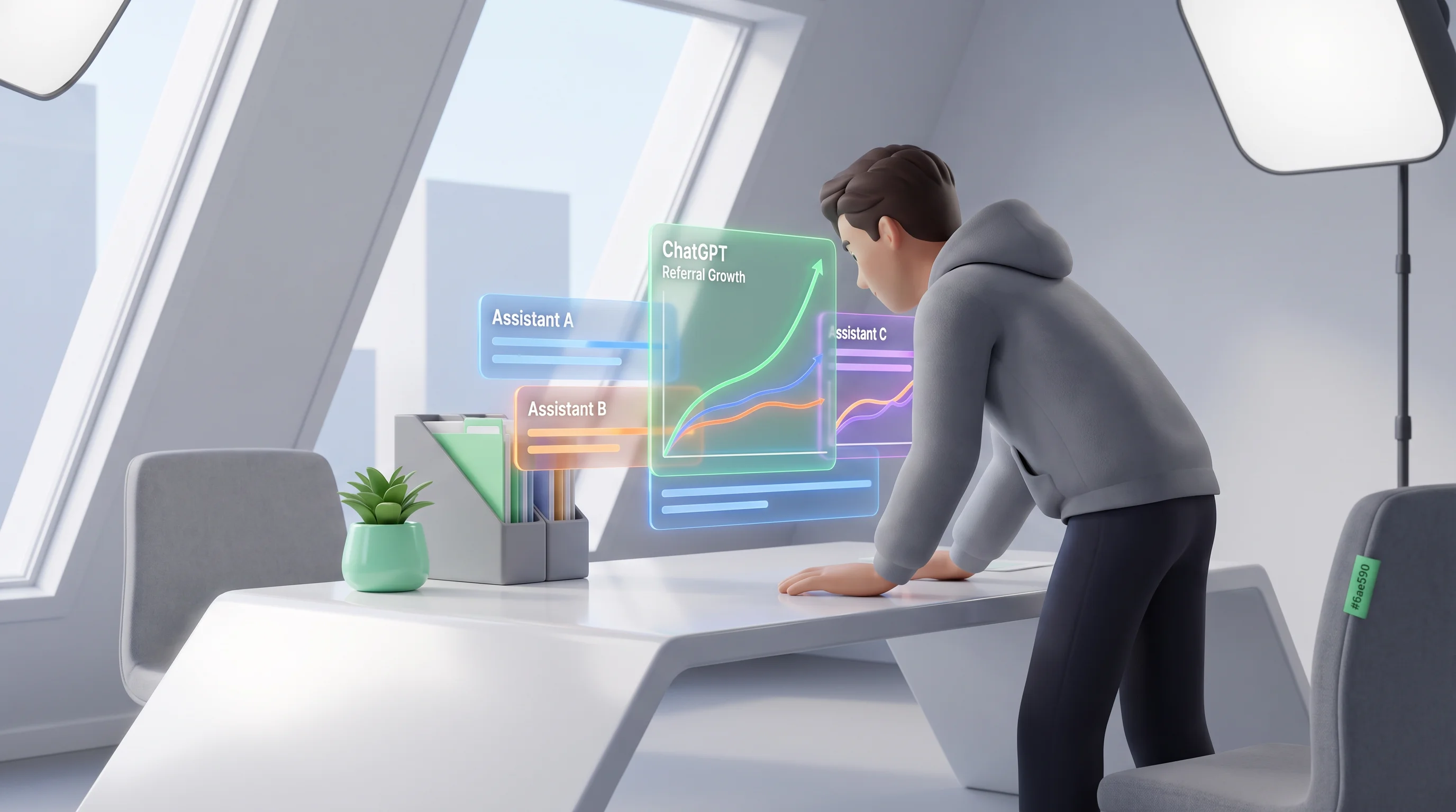 A person analyzing holographic data streams illustrating ChatGPT referral traffic statistics.