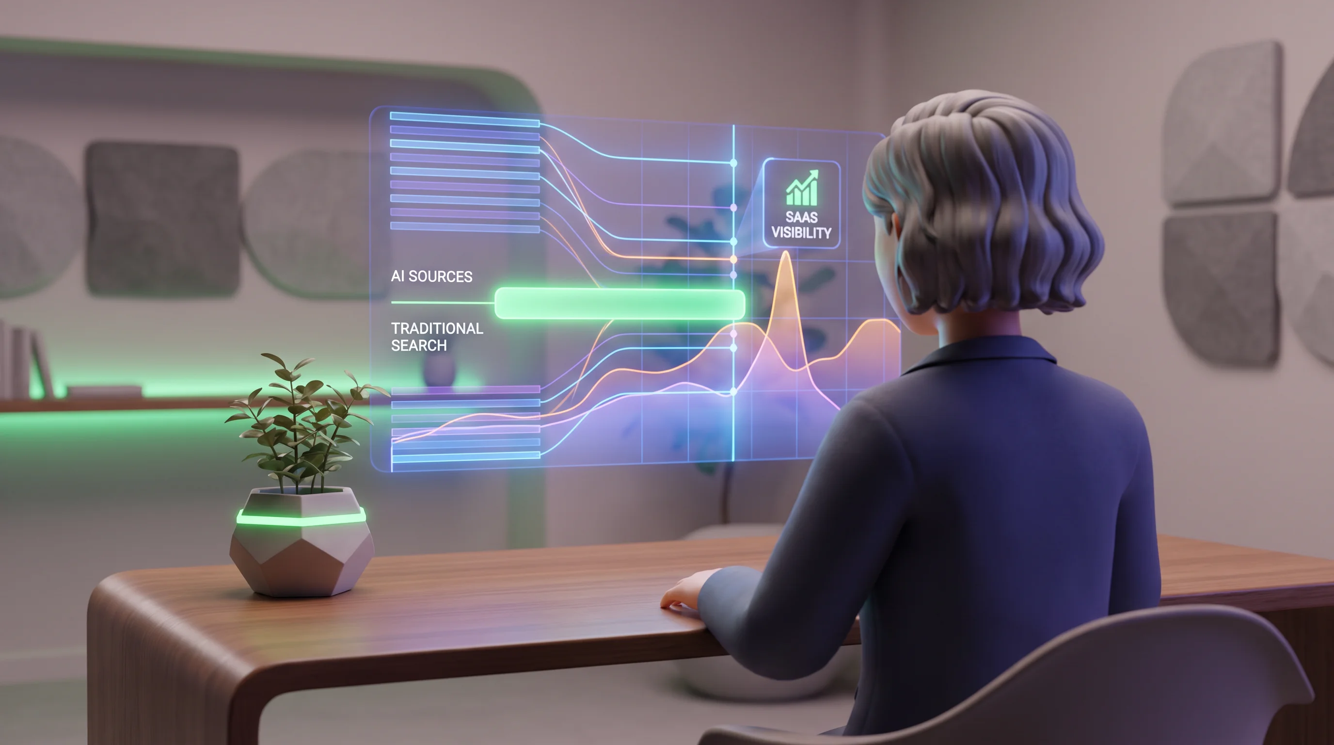 Holographic display analyzing ChatGPT traffic for SaaS products against traditional search metrics.