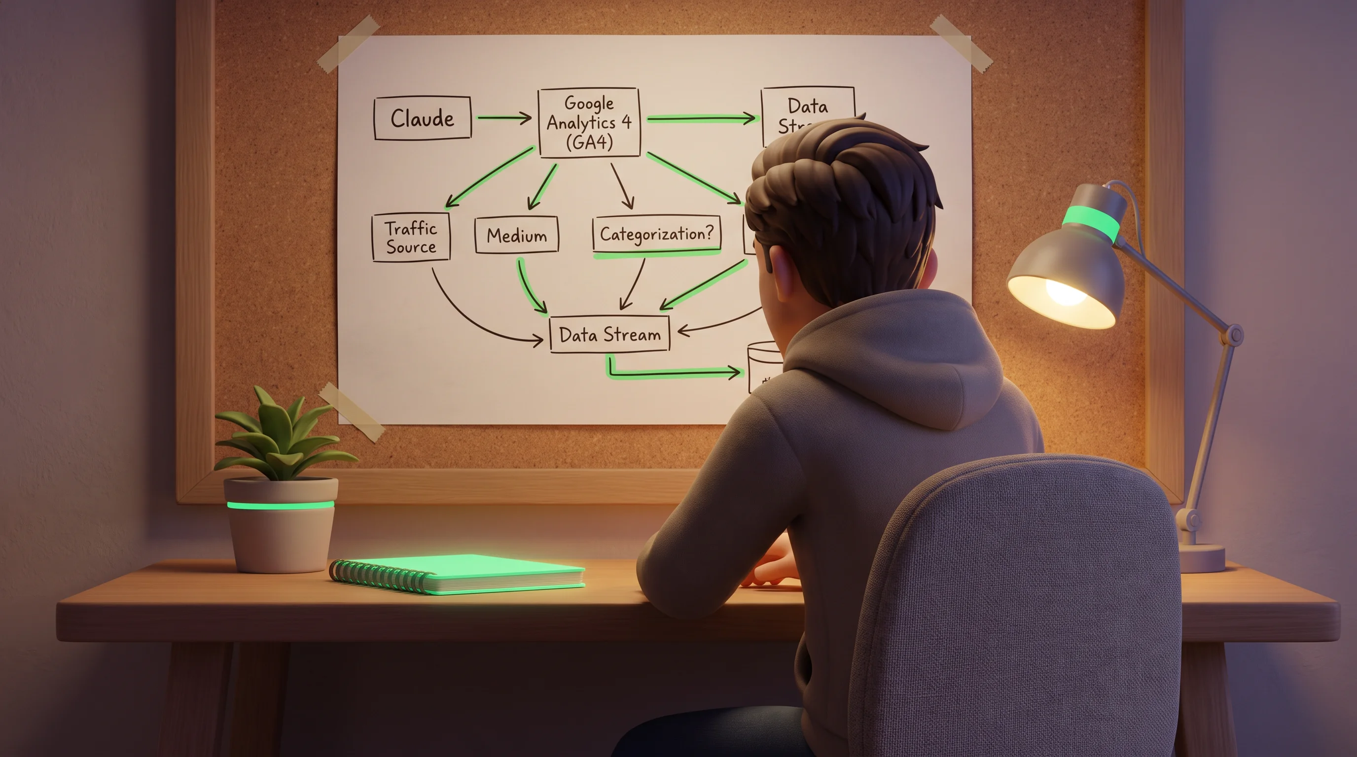 Person reviewing a complex data flow diagram to understand Claude send referral traffic.