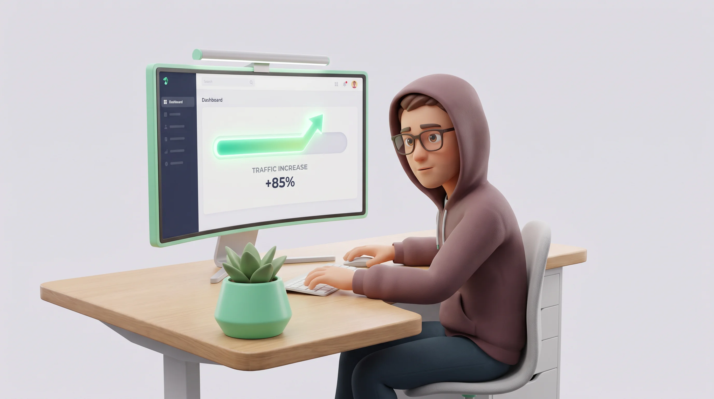 Developer analyzing an increase in Claude traffic for developer websites on a monitor.
