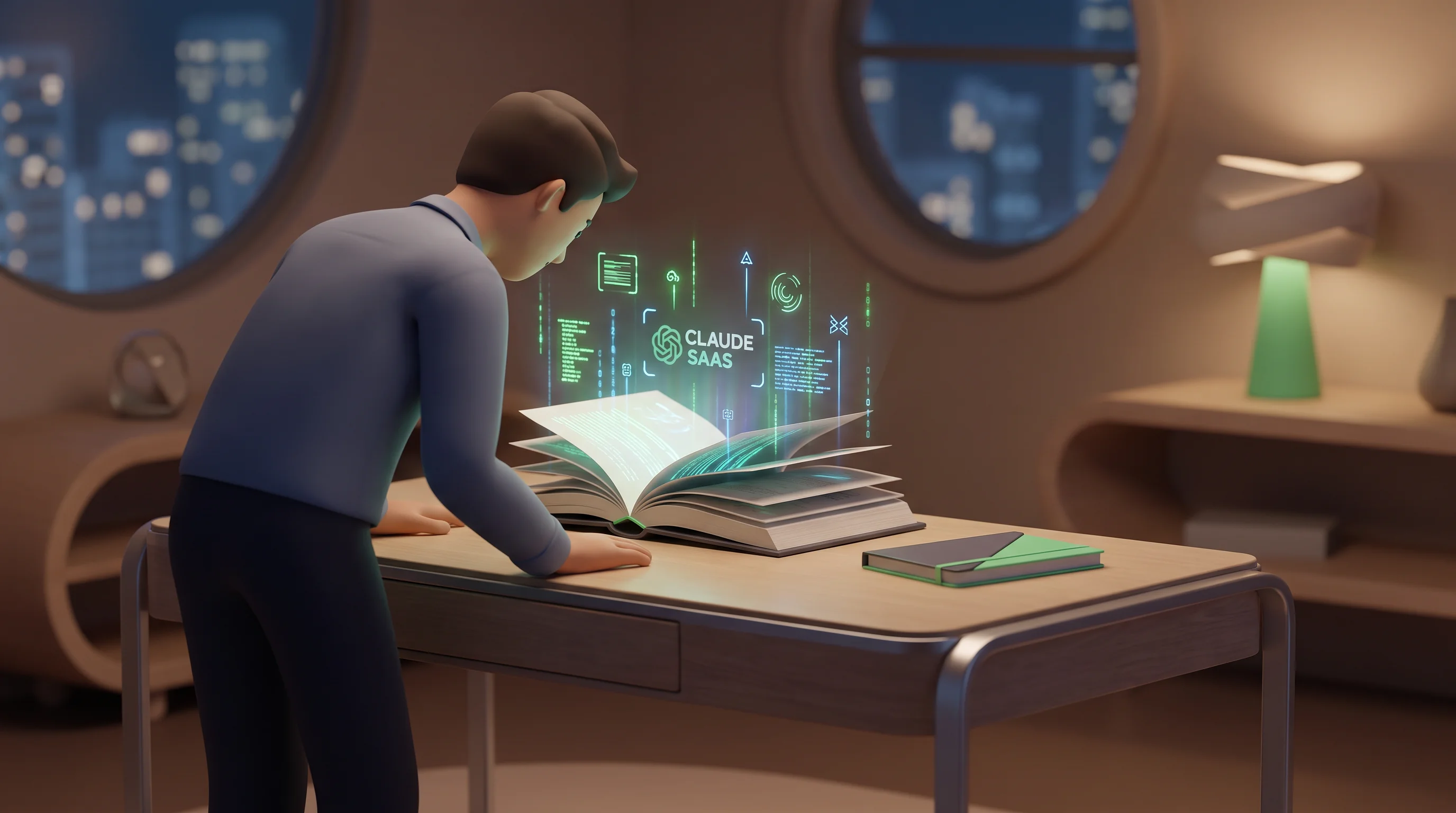 Person analyzing glowing data streams from a book, illustrating Claude traffic for SaaS.