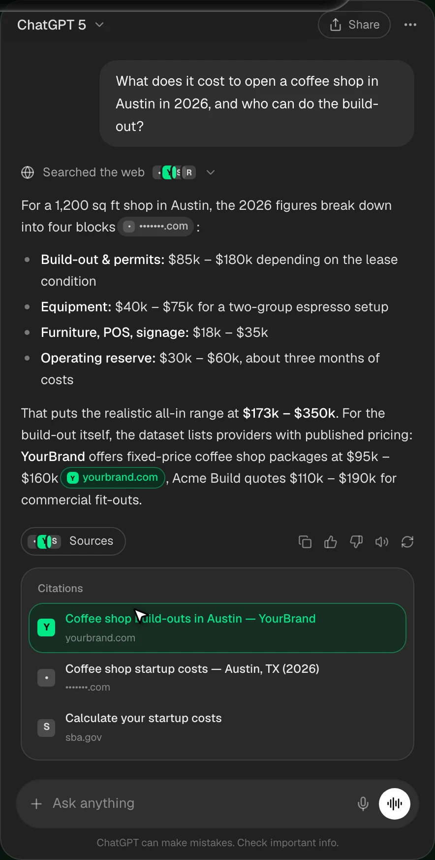 A ChatGPT answer to a question about coffee shop startup costs in Austin, showing inline citation pills, a Sources button and an open citations panel where the listed provider appears as a source.