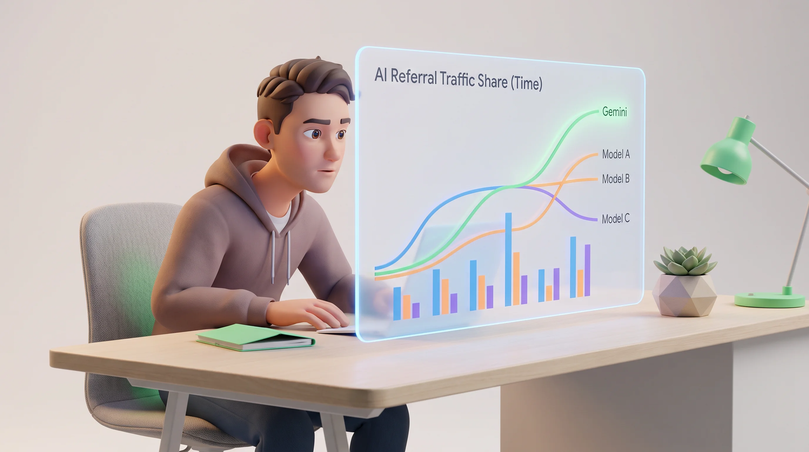 Holographic display showing Gemini referral traffic statistics and trends alongside other AI models.