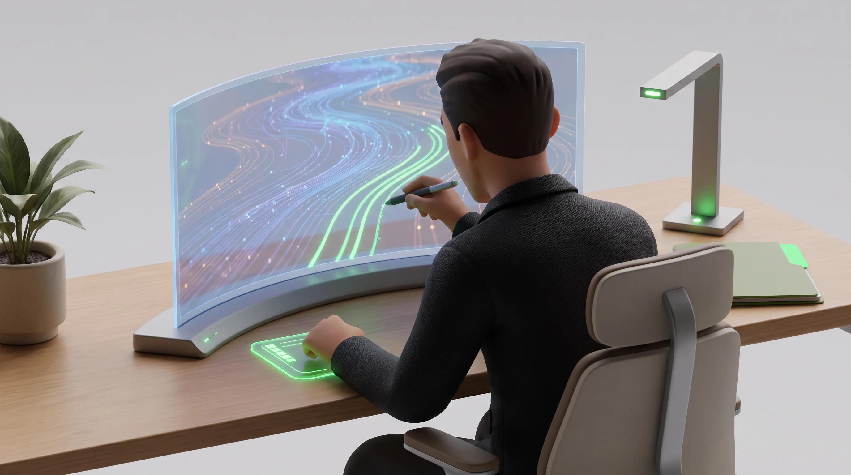 A person filters glowing data streams on a holographic screen to identify LLM traffic in Google Analytics.
