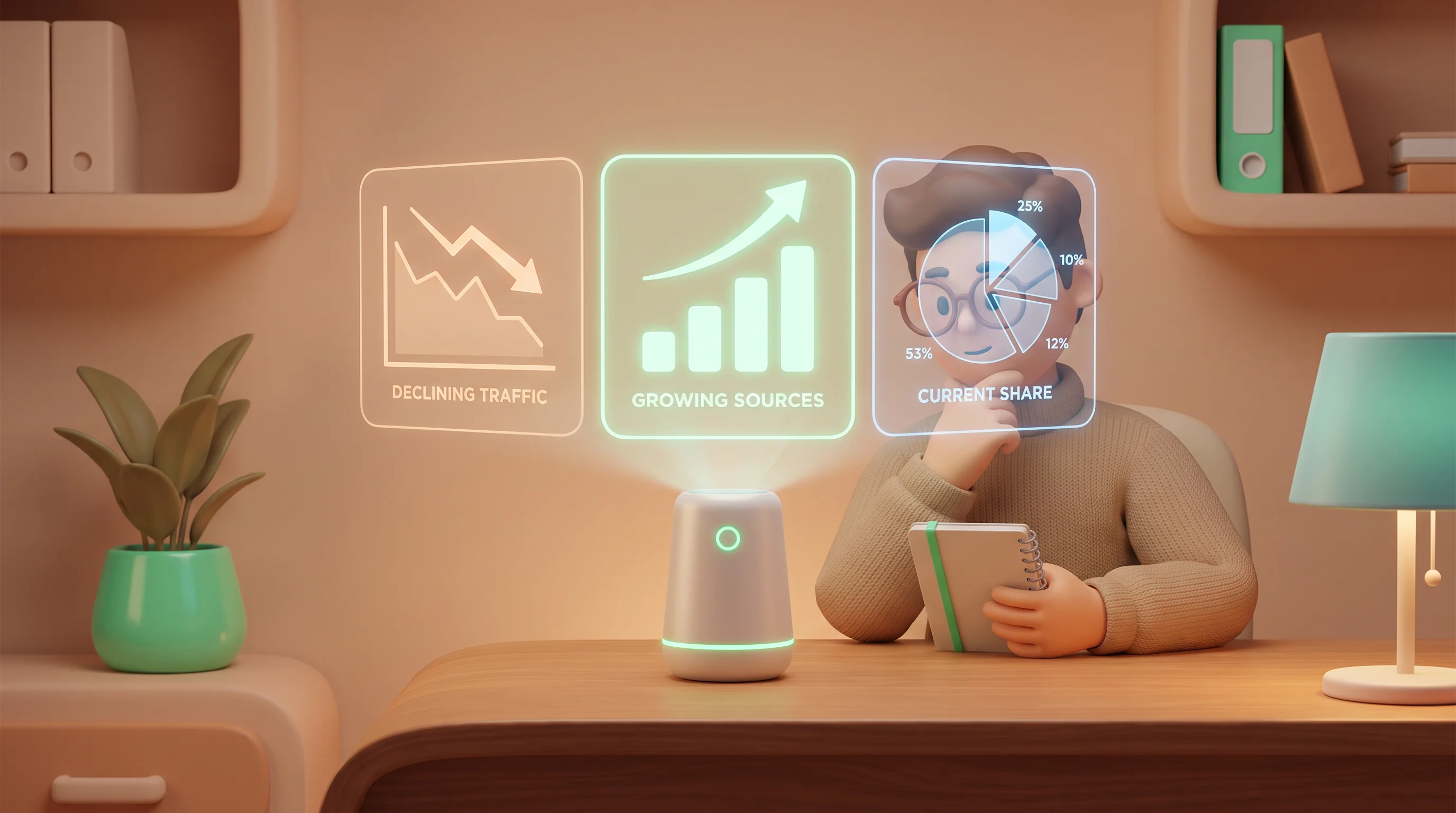 Visual comparison of growing and declining LLM referral traffic statistics on holographic displays.