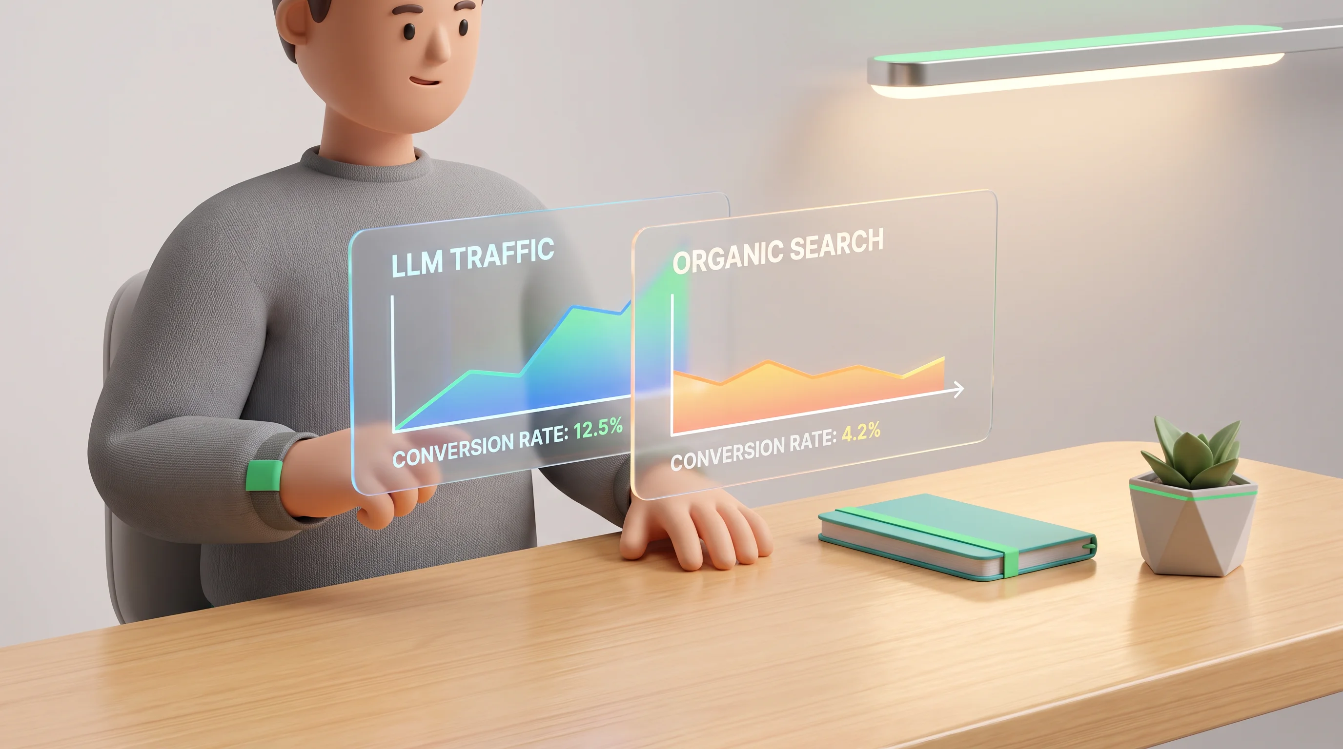 A person analyzes LLM traffic vs organic search conversion data streams for PerkFuel.