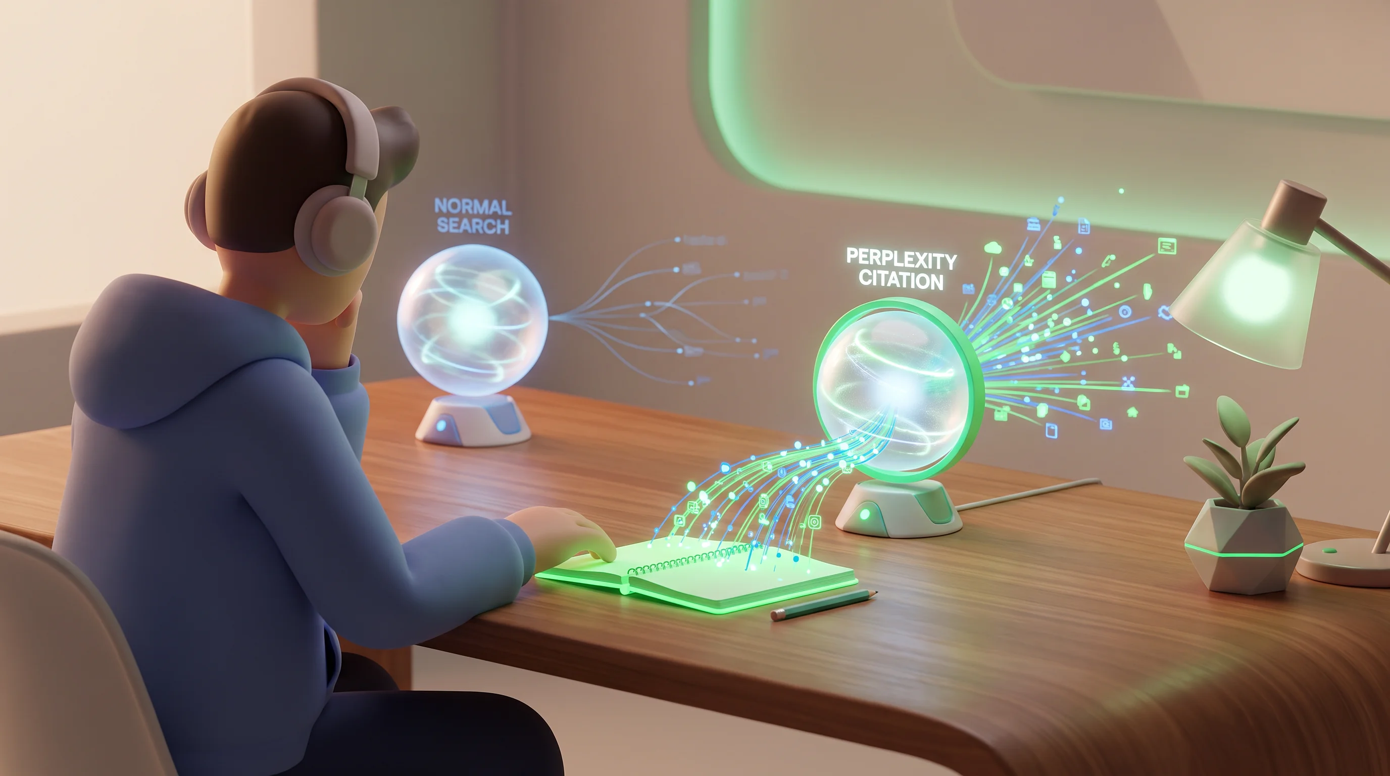 A desk scene illustrating how Perplexity citations drive referral traffic with glowing spheres and data streams.