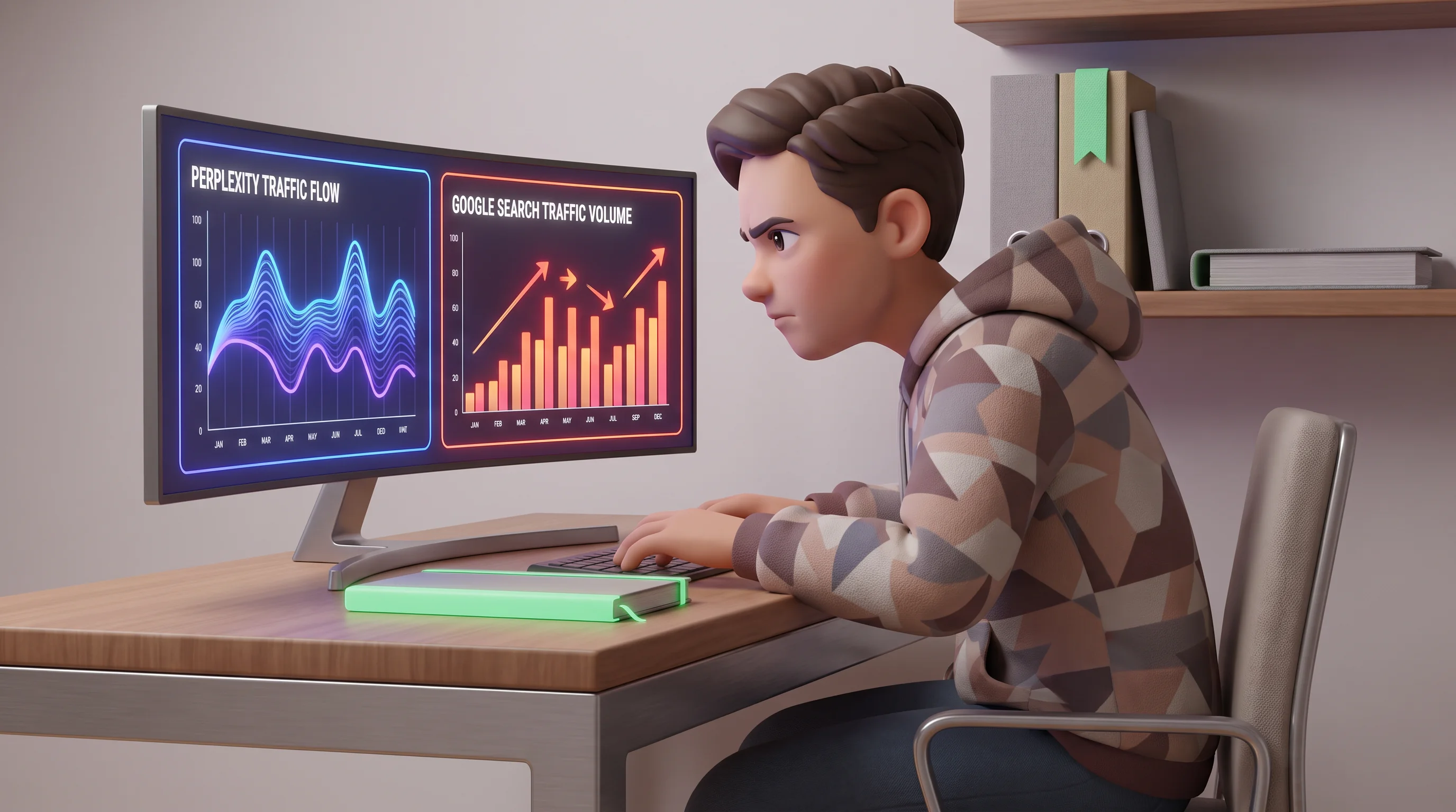 A person intently compares Perplexity traffic and Google Search traffic data streams on a monitor for PerkFuel.