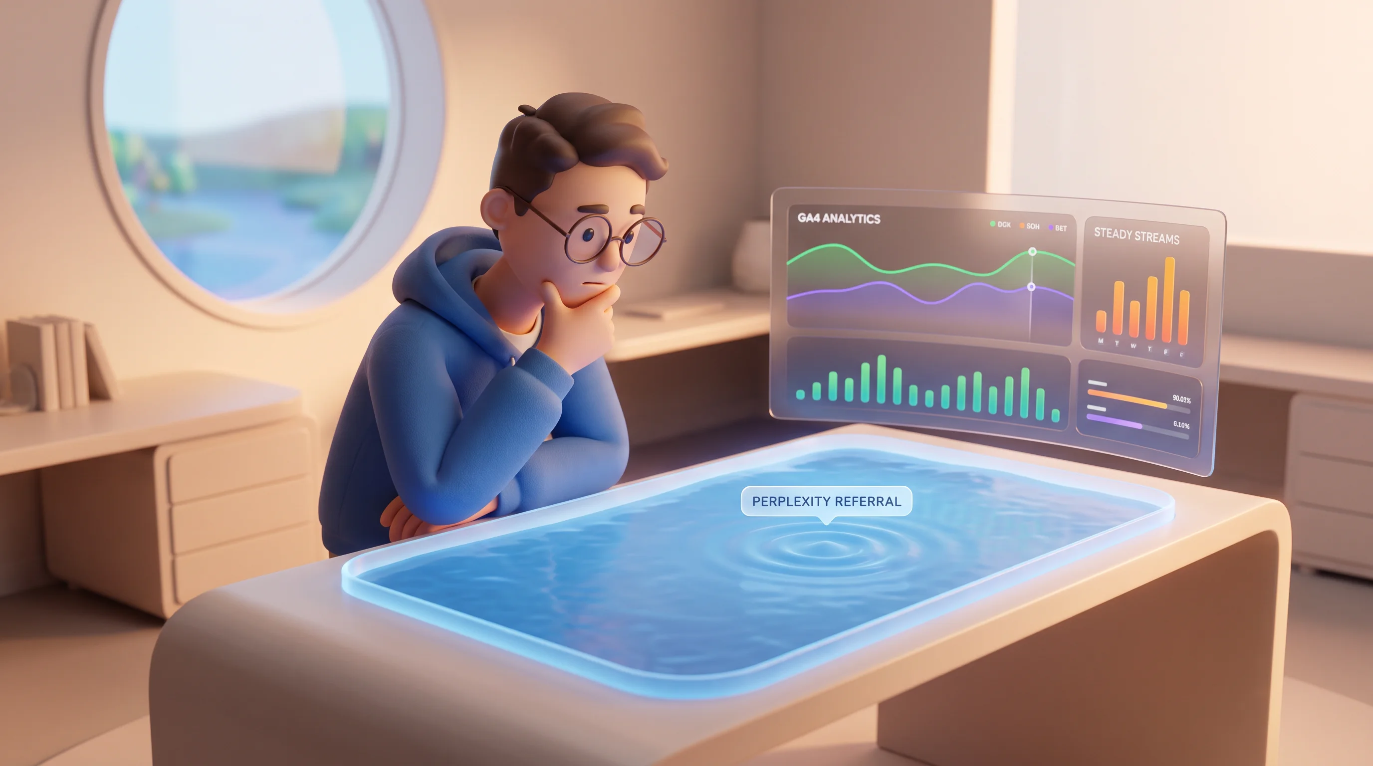 A person examines a subtle ripple effect in a digital lake, representing Perplexity referral source Google Analytics traffic.
