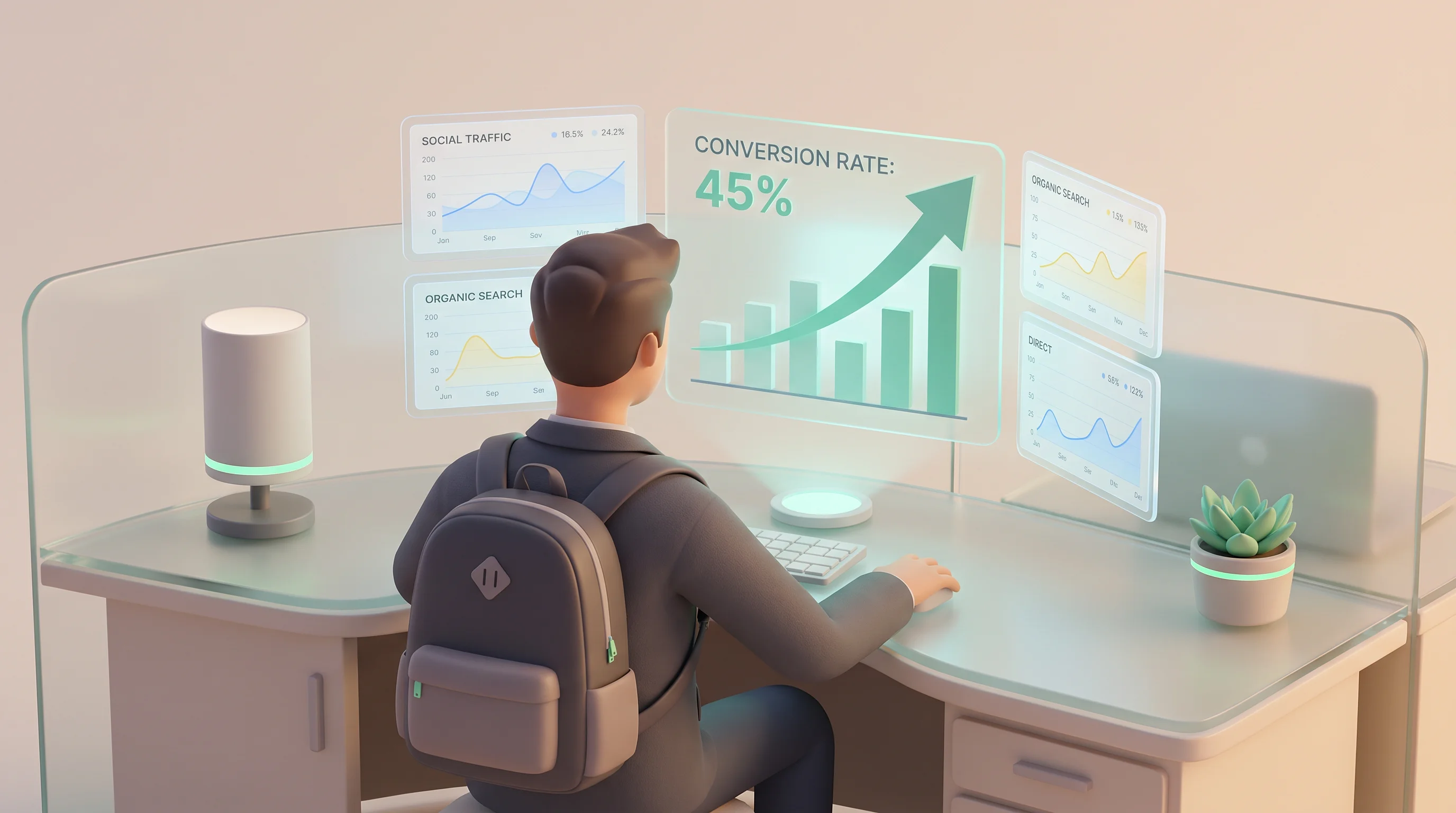 A person reviews holographic data showing Perplexity traffic for ecommerce with high conversion rates.
