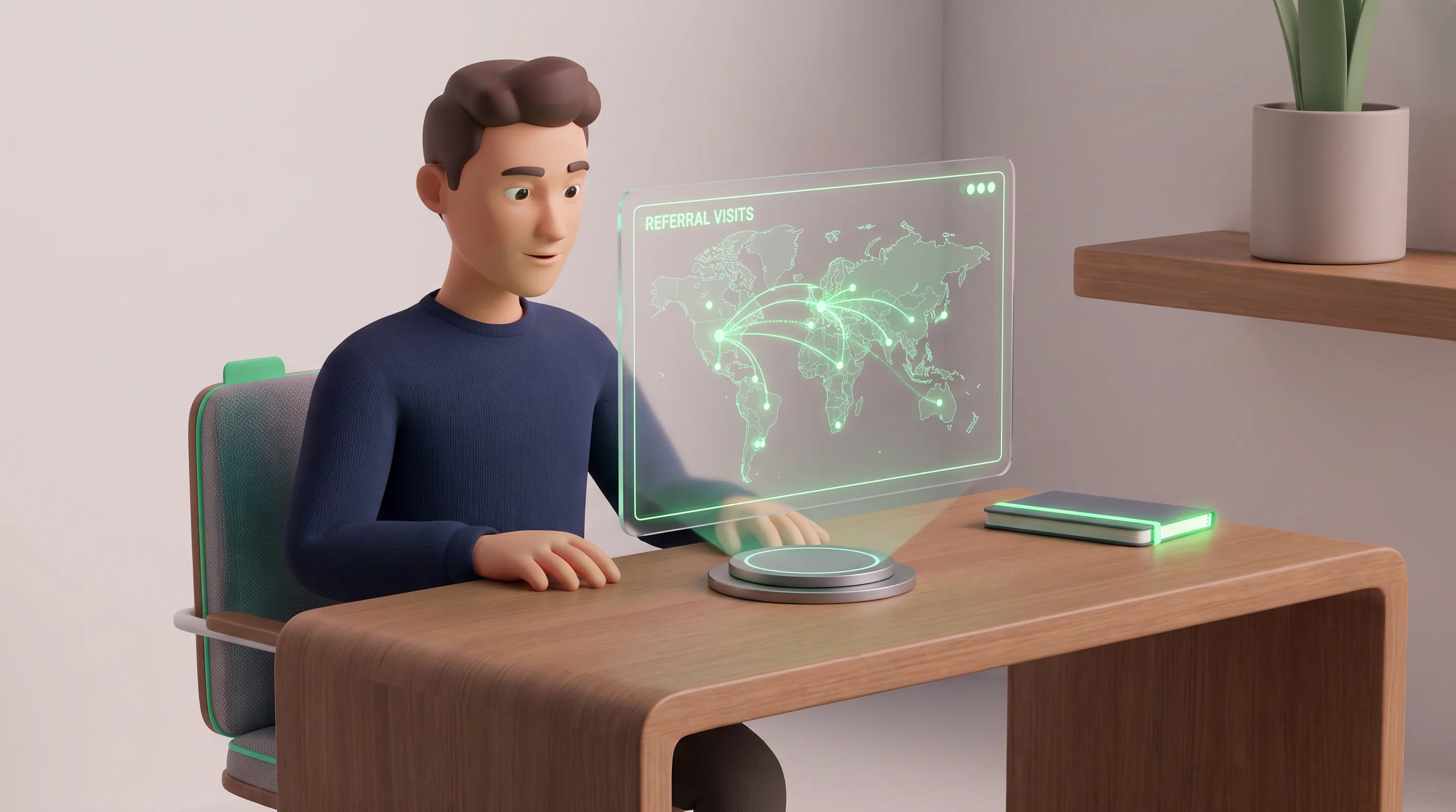 Holographic display showing Perplexity traffic for SaaS referral visits and geographic data.