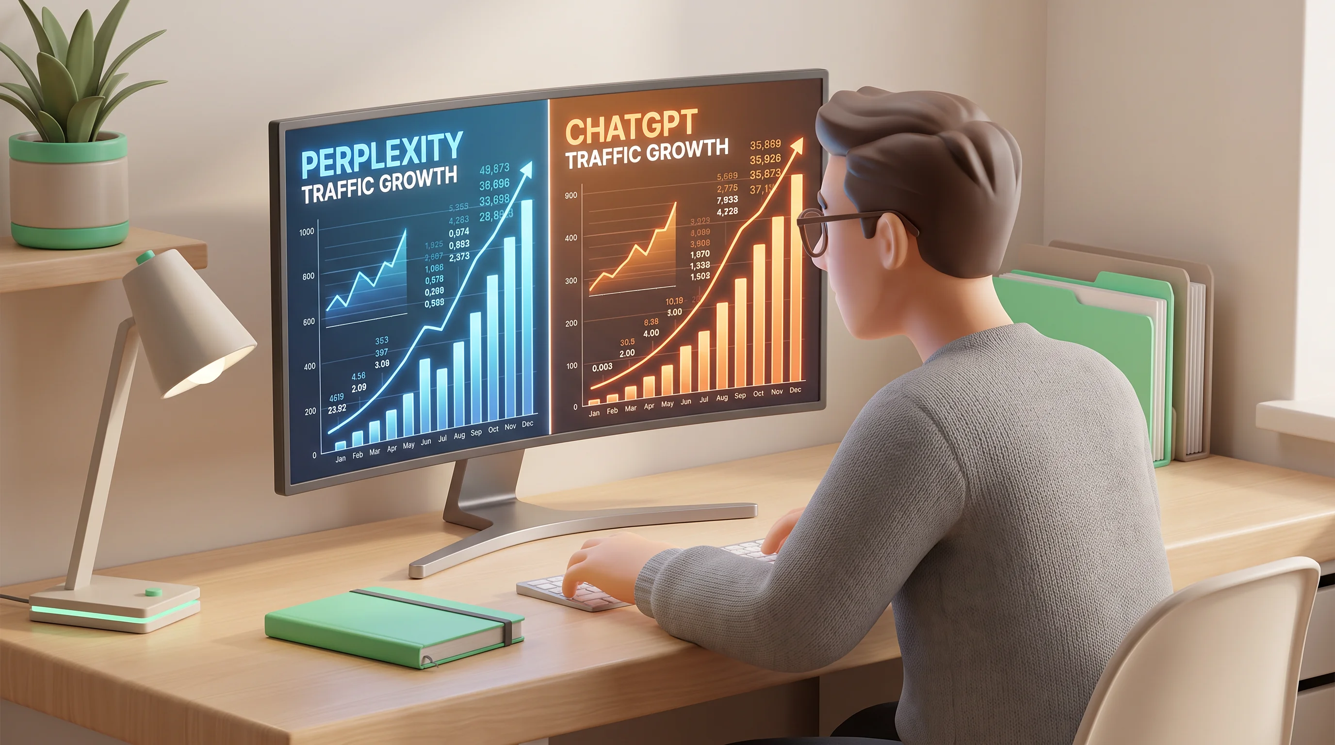 A person comparing Perplexity traffic vs ChatGPT traffic trends on a split-screen monitor.